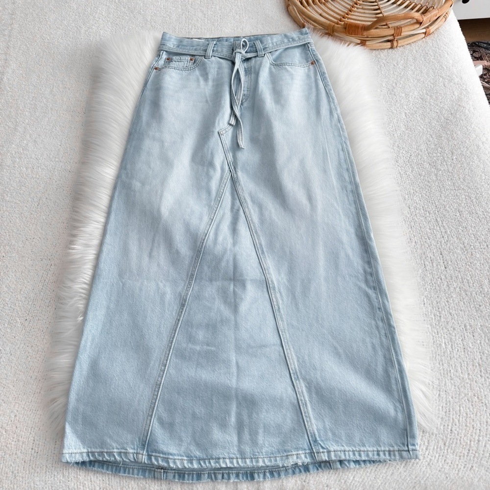 Levi’s Iconic Long Skirt Light Indigo Blue Denim Waist Tie - Picture 6 of 13